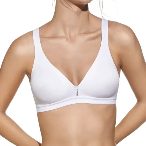 Sutiã desportivo branco em algodão, sem aros e sem enchimento, com alças largas e detalhe central delicado para suporte e conforto diário.
