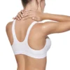 Vista traseira de soutien desportivo branco em algodão, sem aros e sem enchimento, com alças largas para maior suporte.