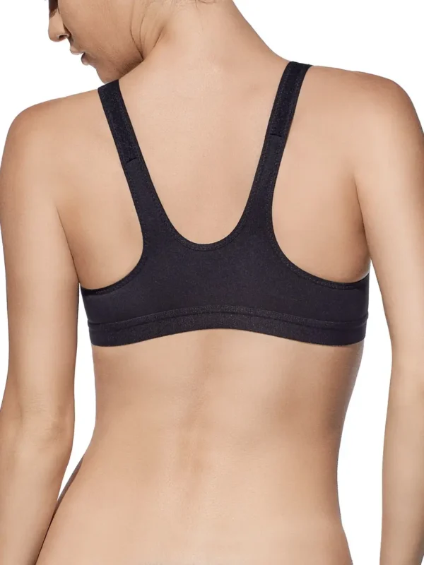 Vista traseira de Soutien desportivo preto em algodão, sem aros e sem enchimento, com alças largas e design ergonómico para máximo conforto.