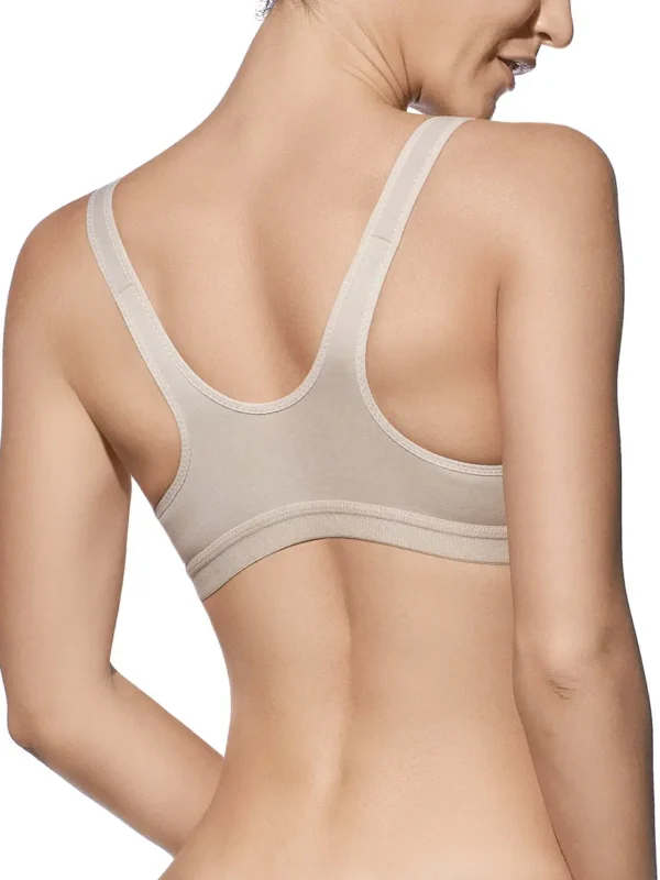 Vista traseira de soutien desportivo cor terra, em algodão, sem aros e sem enchimento, com alças largas e acabamento suave para conforto prolongado.