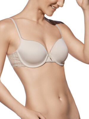 Sutiã terra com aros e enchimento, oferecendo suporte e modelagem. Elegante, confortável, com detalhes em renda delicada, perfeito para ocasiões especiais.