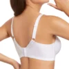 Sutiã branco com laterais largas, fecho traseiro ajustável e alças reguláveis para melhor suporte. Modelo posando de costas.