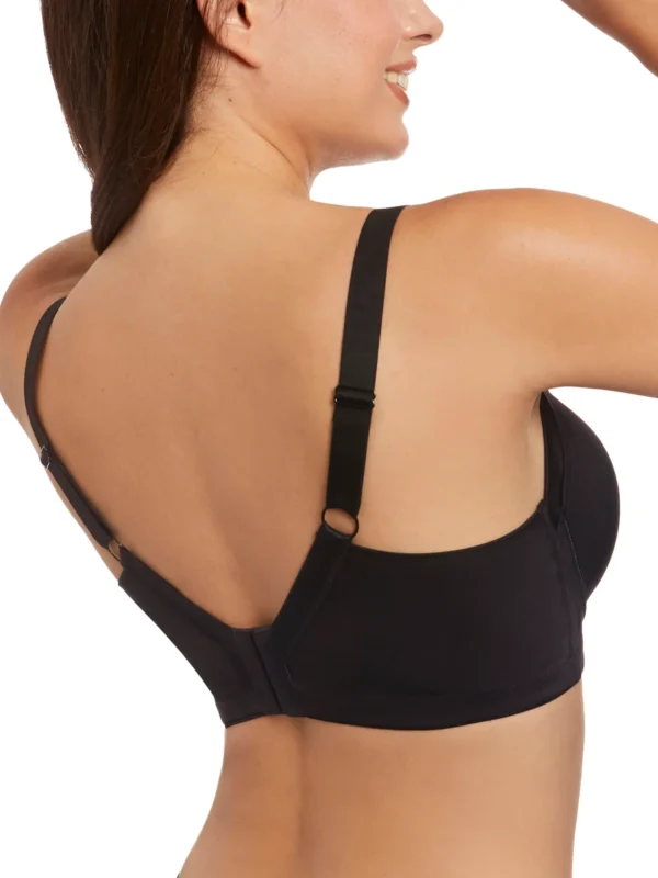 Sutiã preto com laterais largas, fecho traseiro ajustável e alças reguláveis para maior sustentação. Modelo posando de costas.