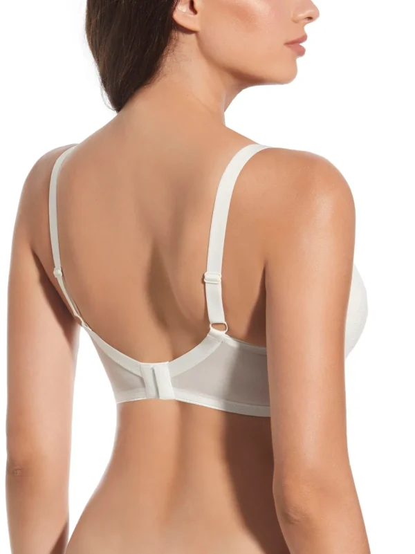 Parte traseira de sutiã marfim com enchimento e aros, combinando tule e renda para um toque sofisticado. Possui fecho ajustável e alças reguláveis.