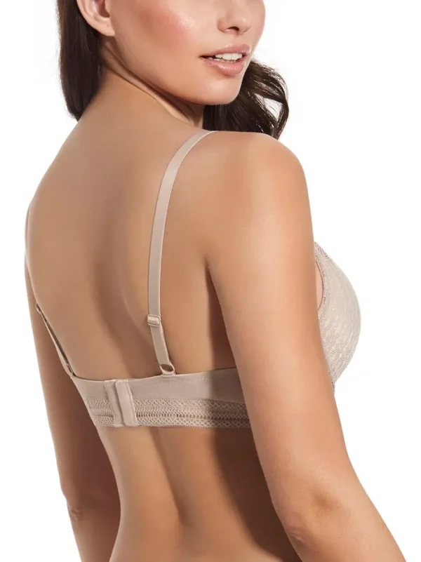 Modelo de costas vestindo sutiã bralette terra com renda e detalhes delicados. A peça apresenta fecho traseiro duplo, alças finas ajustáveis e banda rendada abaixo do busto para melhor sustentação.