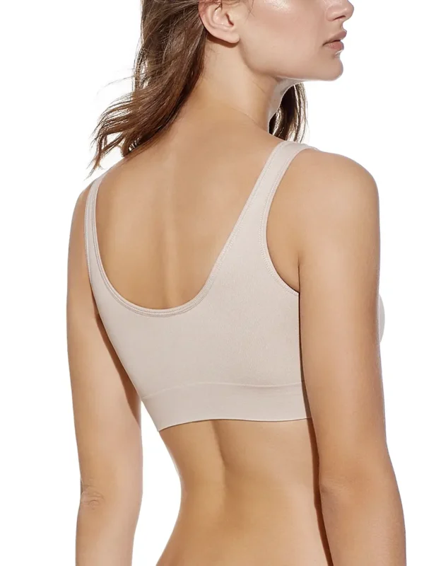 Vista traseira de sutiã desportivo cor terra, sem aros, enchimento removível, sem costura e com alças largas para conforto e estabilidade.