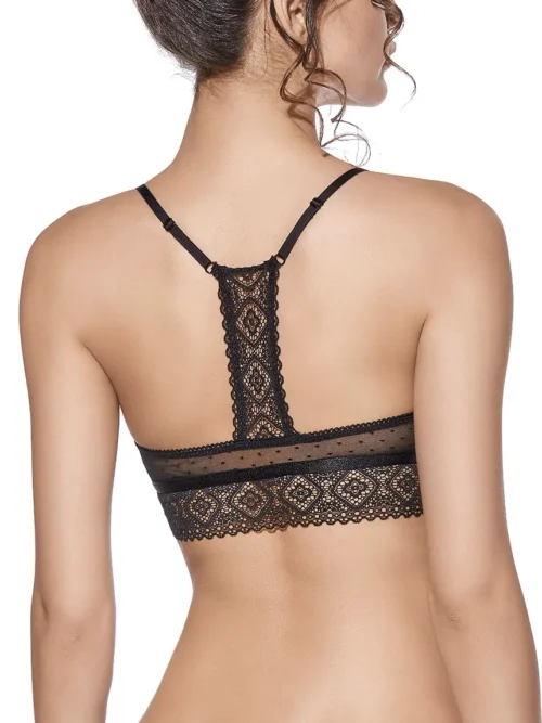 Costas do sutiã bralette preto com renda delicada, sem aros e almofadas removíveis, com alças ajustáveis em estilo nadador rendado.