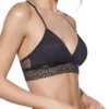 Sutiã bralette preto em renda delicada, sem aros, com almofadas removíveis e alças finas ajustáveis para um suporte confortável.