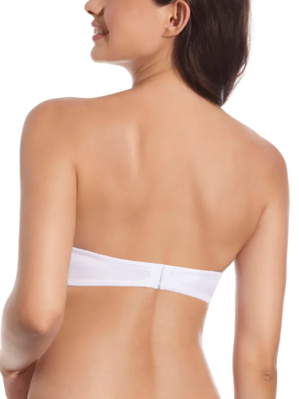 Vista traseira de sutiã branco sem alças, com enchimento, aros e fecho discreto. Ideal para visibilidade reduzida sob a roupa.