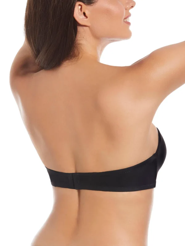 Vista traseira de sutiã preto sem alças, com enchimento, aros e fecho nas costas. Modelo ideal para suporte invisível e confortável.