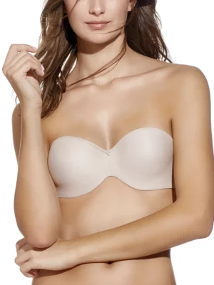 Sutiã cor terra sem alças, com enchimento e aros, pensado para oferecer suporte firme e invisível com conforto e elegância.