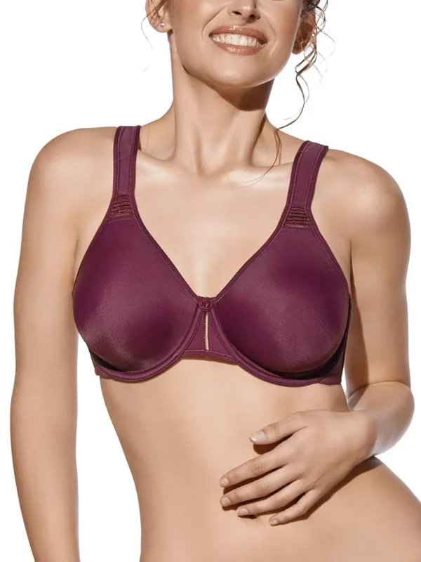 Sutiã redutor bordô com aros e sem enchimento, confeccionado em microfibra de duas camadas. Design sofisticado com suporte reforçado e detalhes delicados nos tirantes e centro.