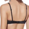 Vista traseira de sutiã push up preto com aros, fecho nas costas, alças ajustáveis e elegante aplicação de strass ao longo das alças e da faixa inferior.
