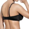 Costas de sutiã preto sem enchimento, com alças reguláveis e fecho, em microfibra com acabamento em tule para conforto e elegância.
