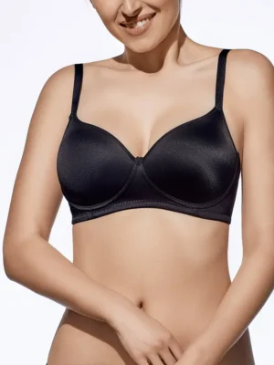 Sutiã Camila - Preto - Sem Aros Com Enchimento Sutiã preto com enchimento suave, sem aros, alças ajustáveis e fecho traseiro, ideal para conforto diário com suporte leve e eficaz.