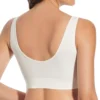 Sutiã Letiana - Branco - Costas - Desportivo Vista traseira de sutiã desportivo branco, sem costuras e sem aros, com enchimento removível, pensado para conforto inclusivo e mobilidade.