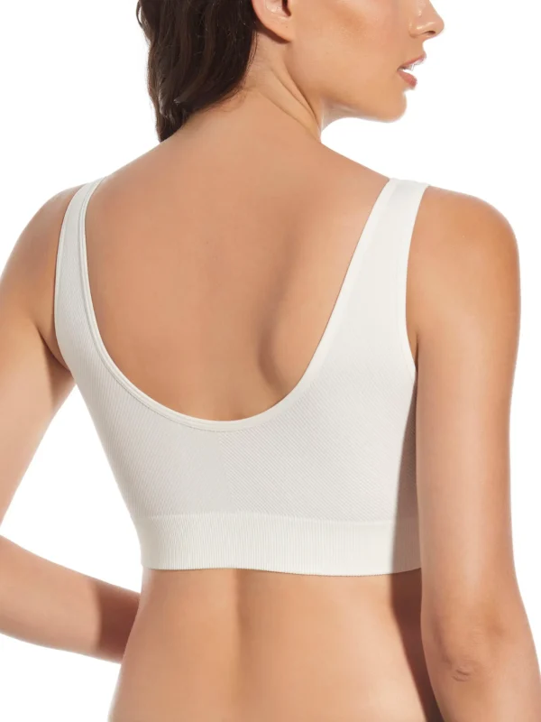 Sutiã Letiana - Branco - Costas - Desportivo Vista traseira de sutiã desportivo branco, sem costuras e sem aros, com enchimento removível, pensado para conforto inclusivo e mobilidade.