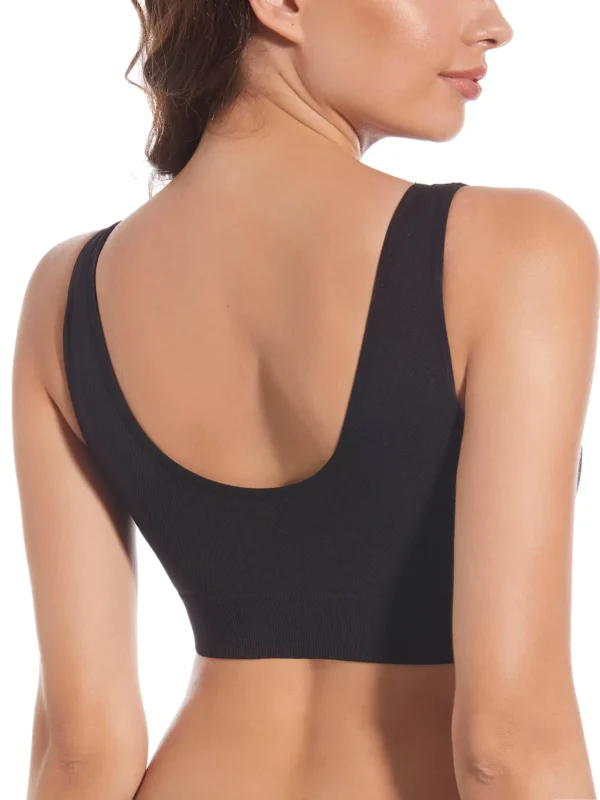 Sutiã Letiana - Preto - Costas - Desportivo Vista traseira de sutiã desportivo preto, sem costura e sem aros, com enchimento removível e tecido confortável que se adapta ao corpo.