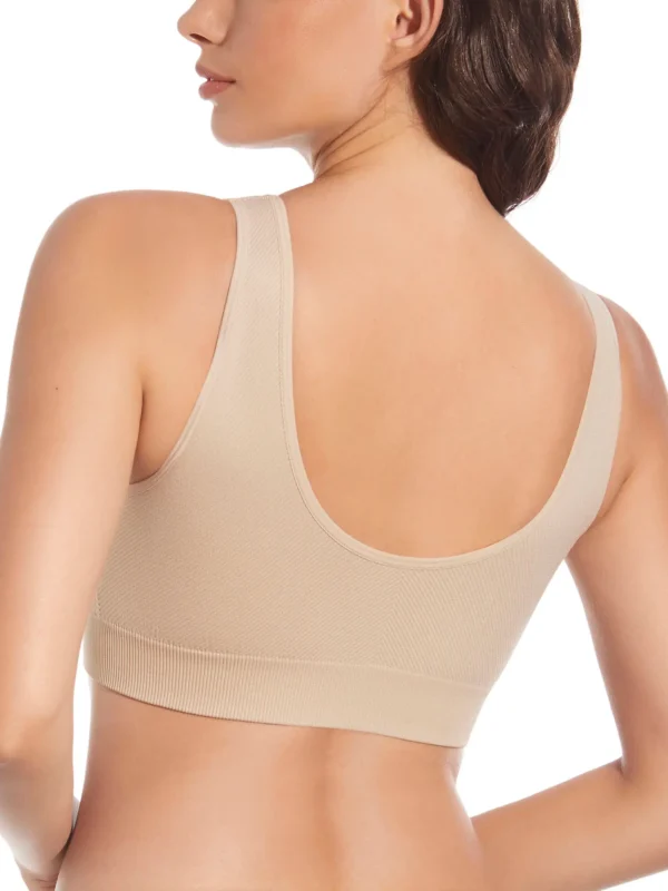 Sutiã Letiana - Terra - Costas - Desportivo Vista posterior de sutiã desportivo cor terra, sem costura e sem aros, com tecido elástico e copas amovíveis para máximo conforto diário.