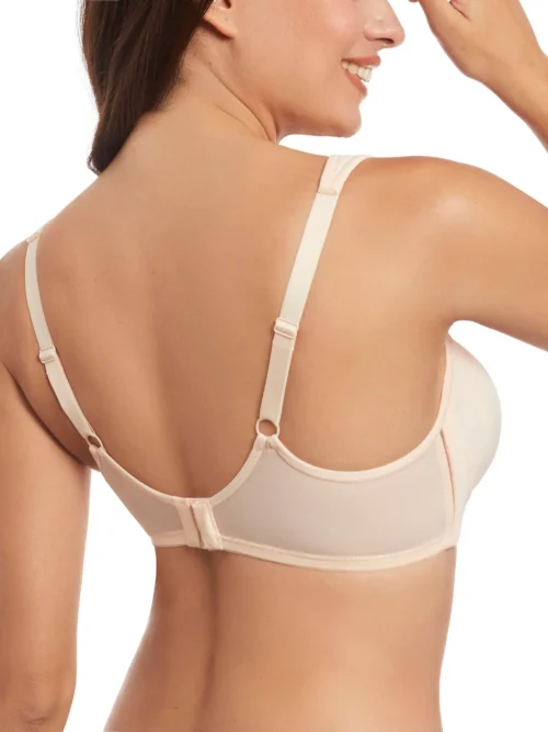 Costas do sutiã reductor rosa sem aros, com fecho largo e alças reguláveis, garantindo ajuste perfeito, conforto e suporte firme ao longo do dia.