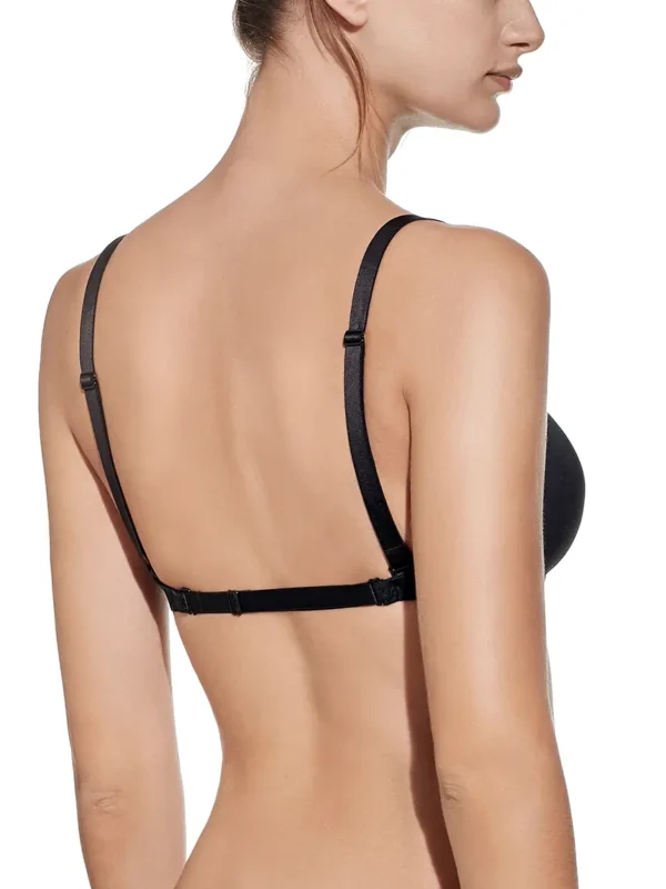 Costas de sutiã multiposições preto com enchimento e aros, alças reguláveis e fecho traseiro, ideal para suporte discreto e versátil.