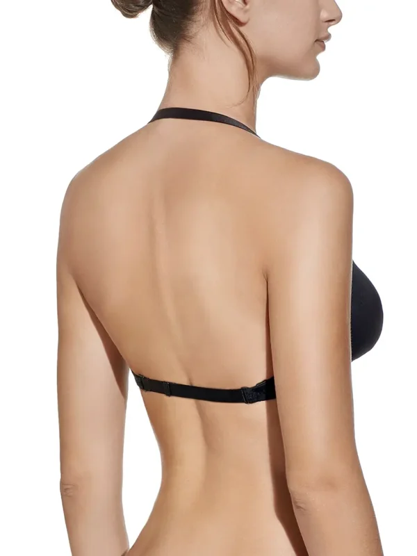 Costas de sutiã multiposições preto com enchimento e aros, alça atada ao pescoço e fecho traseiro, ideal para roupas com costas abertas.