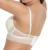 Parte traseira do sutiã push up marfim com renda delicada, enchimento, alças ajustáveis e fecho prático, pensado para conforto e elegância.