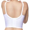 Costas de sutiã branco meio-corpo com fecho vertical e alças largas ajustáveis, ideal para suporte e conforto prolongado.