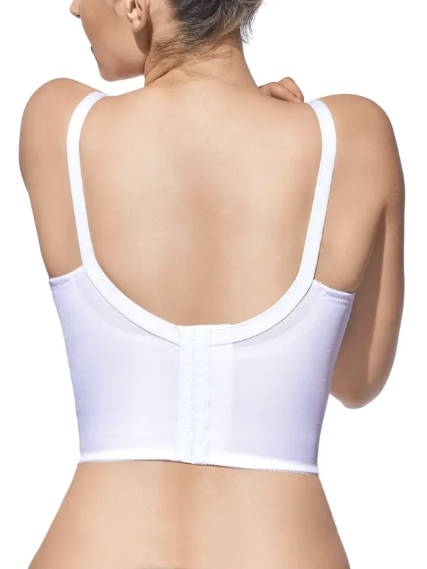 Costas de sutiã branco meio-corpo com fecho vertical e alças largas ajustáveis, ideal para suporte e conforto prolongado.