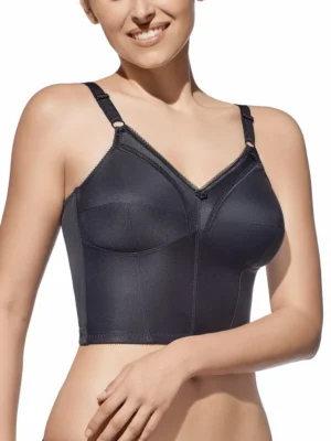 Frente de sutiã preto meio-corpo com decote em V, sem aros, com alças reguláveis e design estruturado para suporte e conforto diário.