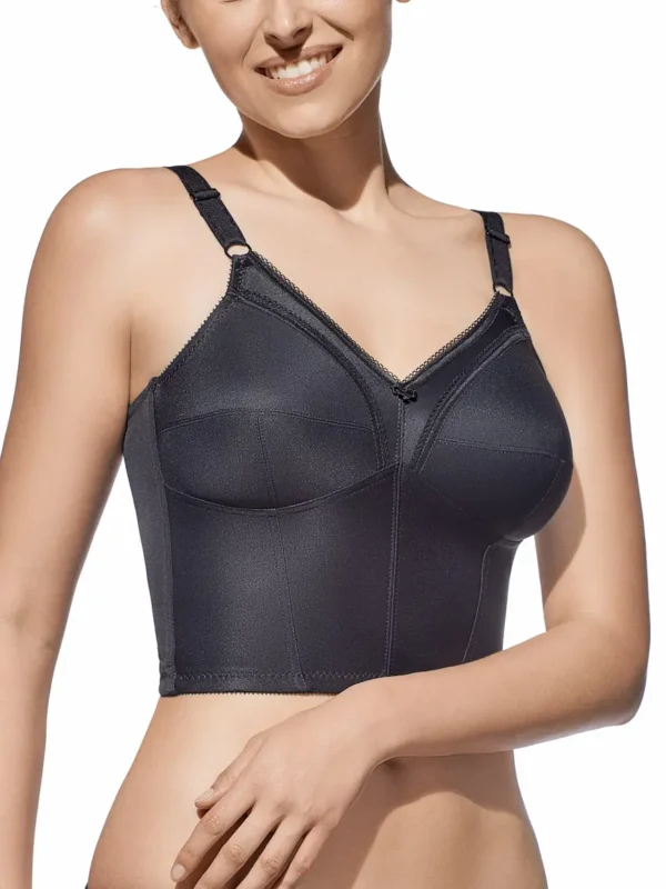 Frente de sutiã preto meio-corpo com decote em V, sem aros, com alças reguláveis e design estruturado para suporte e conforto diário.