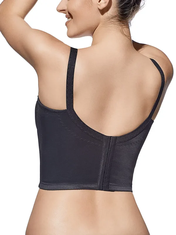 Costas de sutiã preto meio-corpo com fecho largo em colchetes e alças reguláveis, ideal para suporte firme e visual elegante.