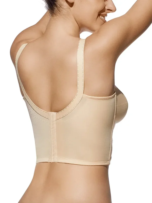 Vista traseira de sutiã rosa meio-corpo com fecho largo e alças ajustáveis, oferecendo conforto prolongado e suporte ergonómico.