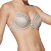 Sutiã push up cor terra com aros e renda delicada, alças ajustáveis e fecho traseiro. Ideal para realçar o busto com conforto e elegância.