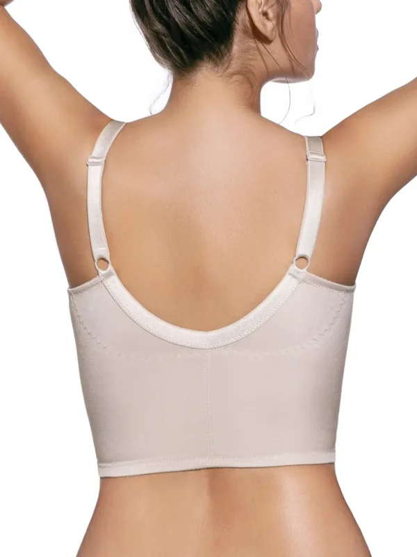 ista traseira de sutiã meio-corpo cor terra, sem aros e com alças ajustáveis, proporcionando suporte e conforto com cobertura extra nas costas.