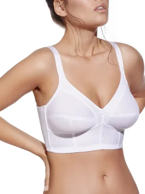 Sutiã branco meio-corpo com decote em V, sem aros, alças ajustáveis e fecho traseiro. Ideal para suporte extra com conforto e estilo clássico.