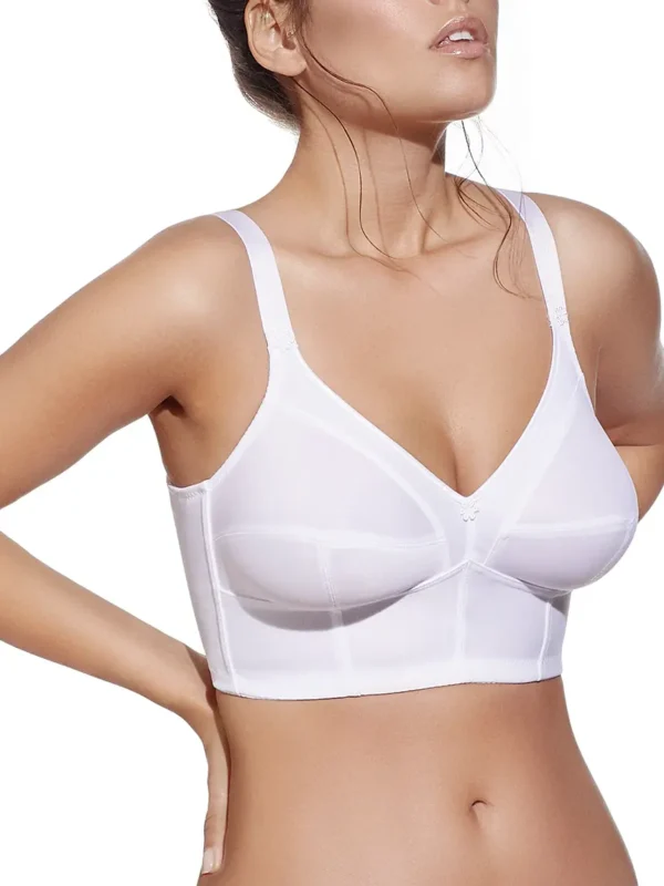 Sutiã branco meio-corpo com decote em V, sem aros, alças ajustáveis e fecho traseiro. Ideal para suporte extra com conforto e estilo clássico.