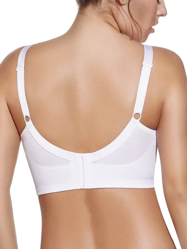 Vista traseira de sutiã branco meio-corpo com fecho nas costas e alças largas ajustáveis, ideal para suporte seguro com conforto prolongado.