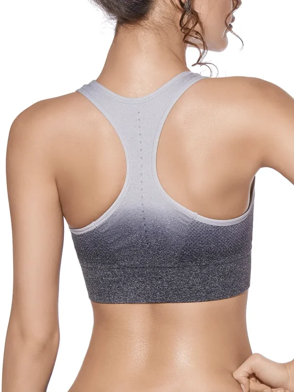 Sutiã Diana - Cinza - Costas - Desportivo Vista traseira de sutiã desportivo cinza com costas olímpicas, sem costuras, enchimento removível e efeito degradé para máximo conforto.