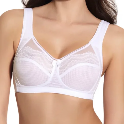 Sutiã branco sem aros e sem enchimento, com renda delicada e alças largas ajustáveis, ideal para conforto e suporte no dia a dia.