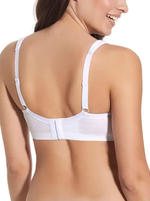 Costas do sutiã branco sem aros, com fecho largo e alças ajustáveis para maior conforto e suporte, ideal para uso prolongado e diário.