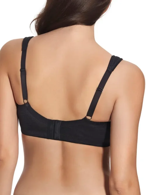 Costas do sutiã preto sem aros, com fecho largo e alças ajustáveis, pensado para garantir conforto, estabilidade e suporte diário prolongado.