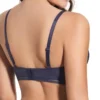 Costas de sutiã bralette azul em renda delicada, sem aros, com enchimento e alças ajustáveis, ideal para conforto diário.