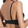 Vista posterior de sutiã bralette preto com renda, sem aros, enchimento leve, alças ajustáveis e fecho prático nas costas.