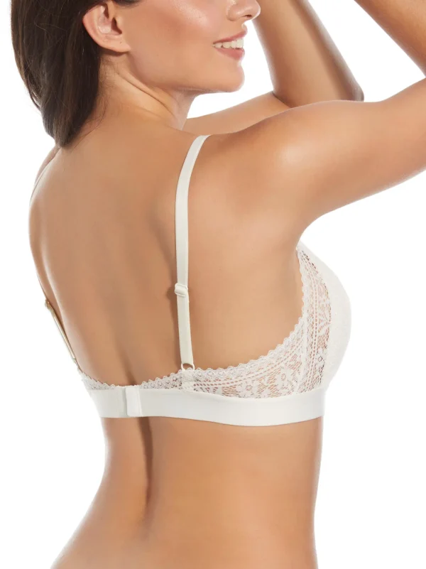 Costas de sutiã bralette em renda cor marfim com enchimento, alças ajustáveis e fecho, oferecendo suporte leve e conforto no dia a dia.