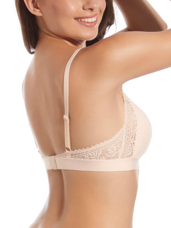 Costas de sutiã bralette cor rosa em renda, com enchimento, alças ajustáveis, ideal para conforto diário.