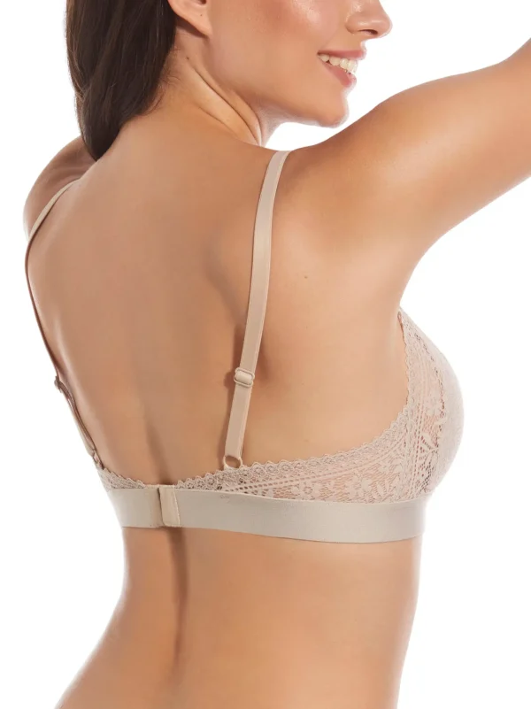 Vista posterior de sutiã bralette em renda cor terra, com enchimento, alças ajustáveis e fecho nas costas, ideal para conforto diário.