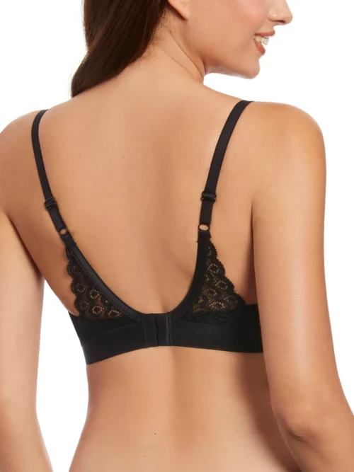 Costas do sutiã de renda preto com fecho e alças ajustáveis, estrutura leve sem aros, ideal para elegância, conforto e liberdade de movimentos.