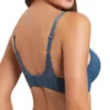Sutiã azul sem enchimento visto por trás, com alças ajustáveis e detalhe sofisticado em renda nas costas. Fecho prático e acabamento texturizado.
