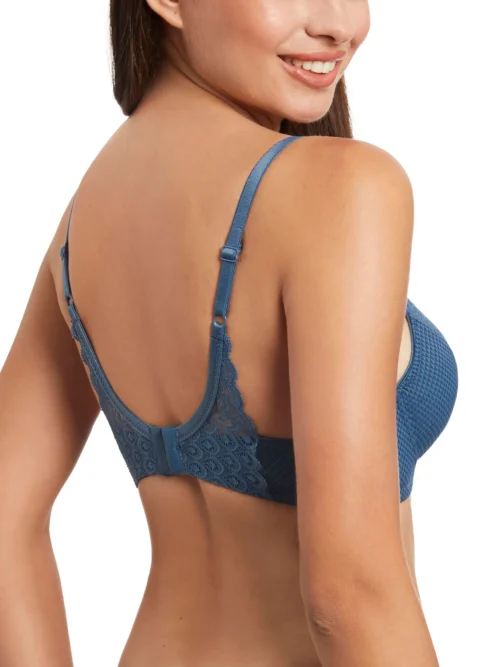 Sutiã azul sem enchimento visto por trás, com alças ajustáveis e detalhe sofisticado em renda nas costas. Fecho prático e acabamento texturizado.